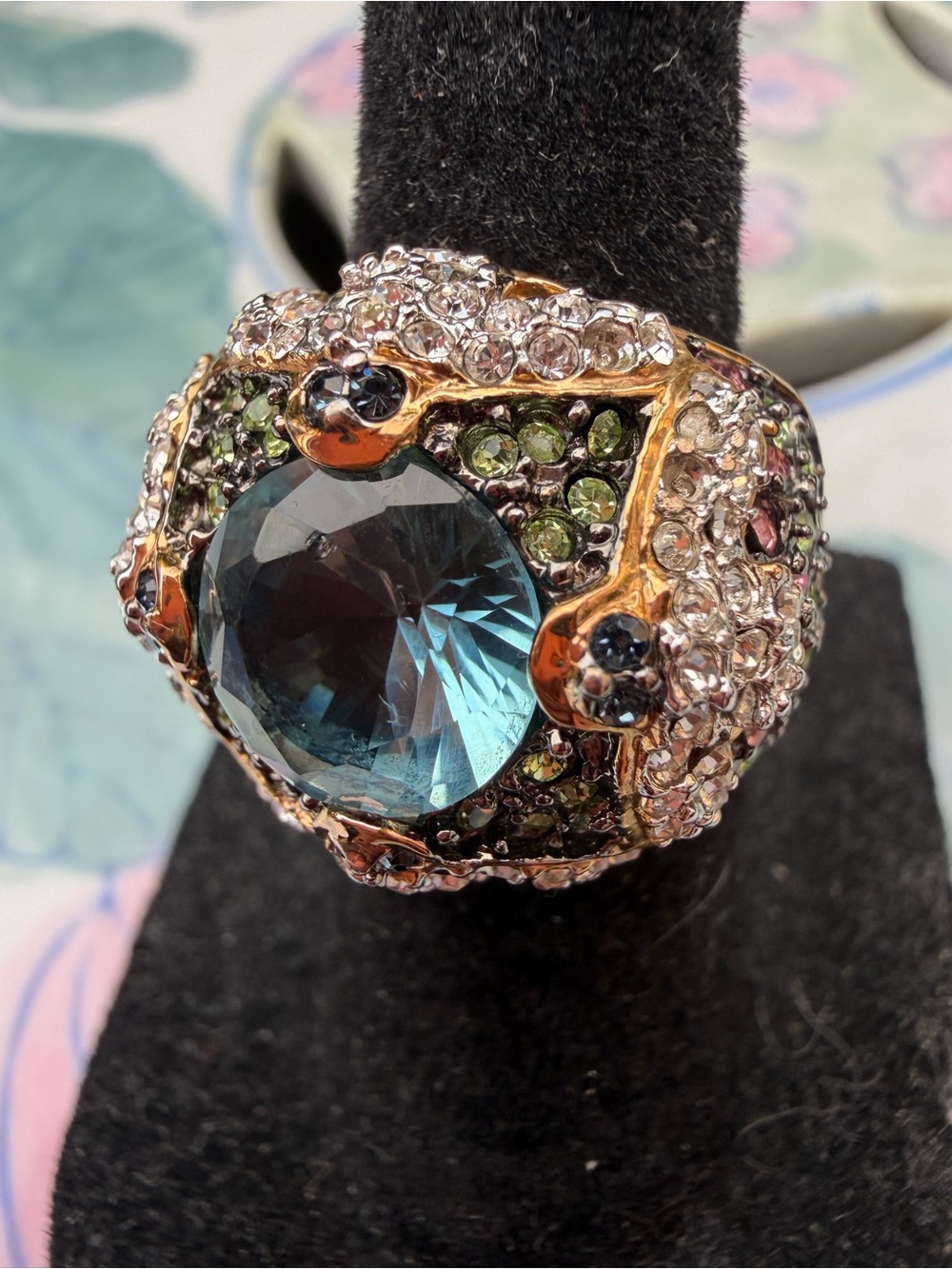 Exotic Blue-Green Crystal Cocktail Ring - Ornate Floral Design *Size 5 & 7